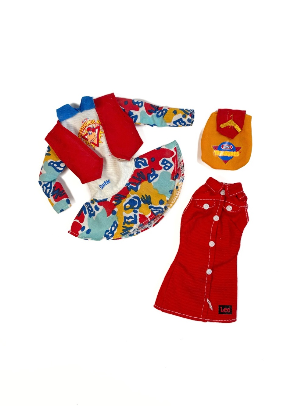 Vintage 1992 Barbie Kraft Cheesasaurus Rex Special Edition Lee Red Denim Dress